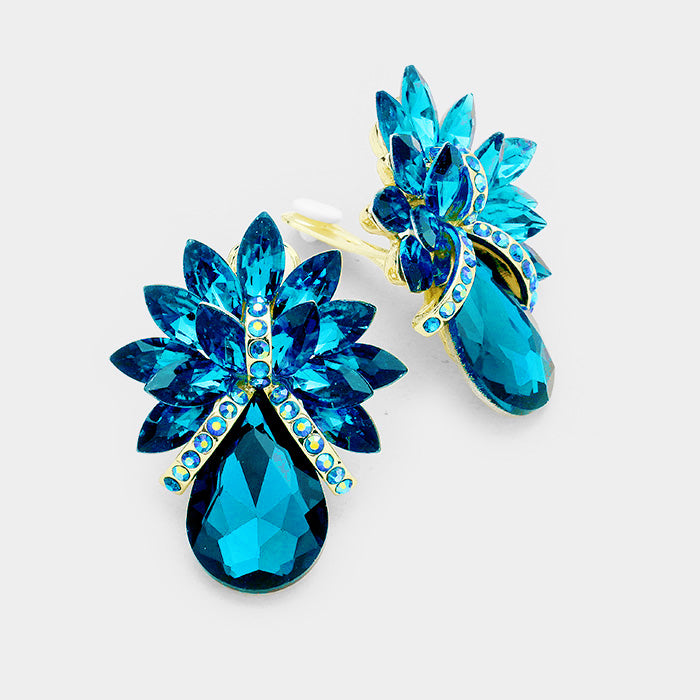 Teal Crystal Petal Teardrop Clip On Pageant Earrings | Prom Earrings | 370350