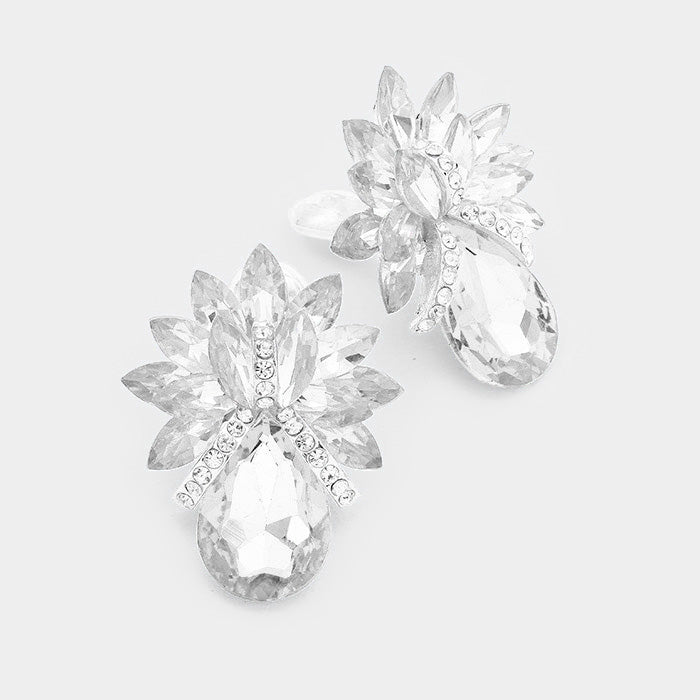 Clear Crystal Petal Teardrop Clip On Pageant Earrings | Prom Earrings | 228157