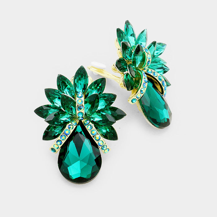 Emerald Crystal Petal Teardrop Clip On Pageant Earrings | Prom Earrings | 253201