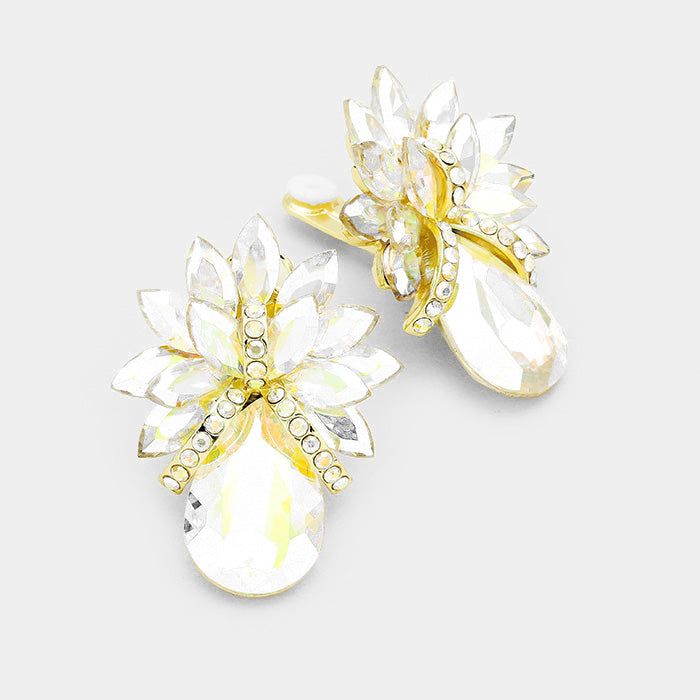 Clear Crystal Petal Teardrop Clip On Pageant Earrings on Gold | Prom Earrings | 228160