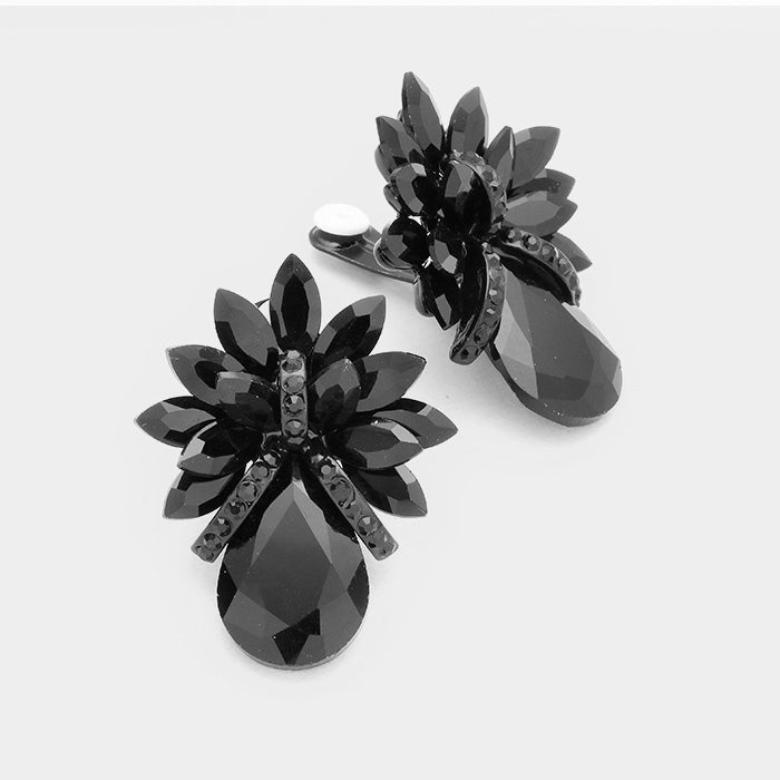 Jet Black Crystal Petal Teardrop Clip On Pageant Earrings | Prom Earrings | 272271