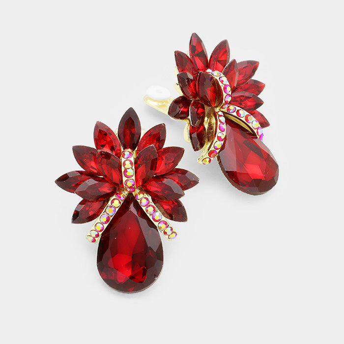 Red Crystal Petal Teardrop Clip On Pageant Earrings | Prom Earrings | 228167