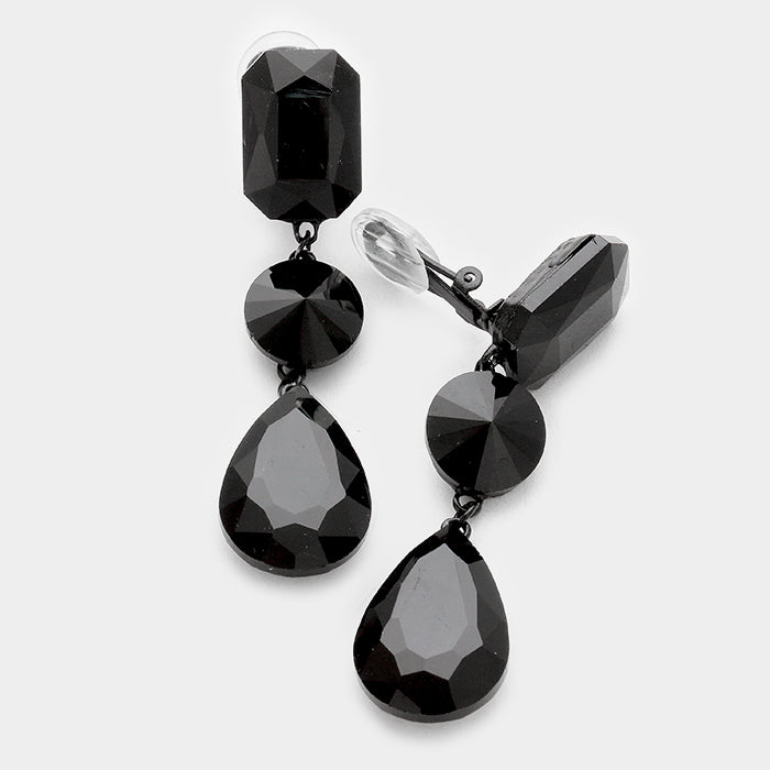 Black Crystal Triple Drop Geometric Shape Clip On Pageant Earrings on Gold | Prom Earrings | 249186