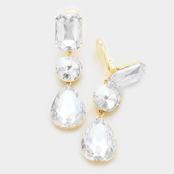 Clear Crystal Triple Drop Geometric Shape Clip On Pageant Earrings on Gold | Prom Earrings | 249187