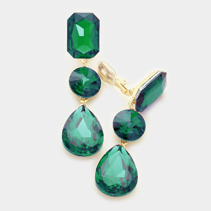 Emerald Crystal Triple Drop Geometric Shape Clip On Pageant Earrings | Prom Earrings | 249176