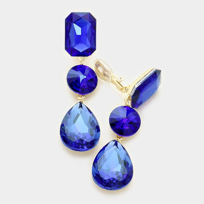 Sapphire Crystal Triple Drop Geometric Shape Clip On Pageant Earrings on Gold | Prom Earrings | 249182