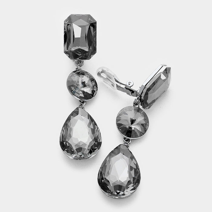 Black Diamond Crystal Triple Drop Geometric Shape Clip On Pageant Earrings on Gun Metal | Prom Earrings | 249188