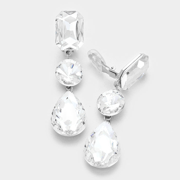 Clear Crystal Triple Drop Geometric Shape Clip On Pageant Earrings | Prom Earrings | 249184