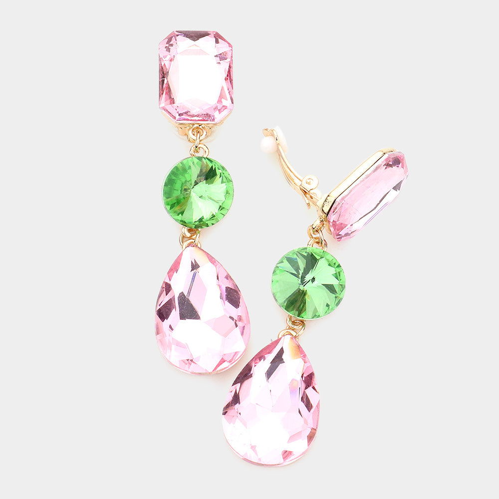 Pink & Green Crystal Triple Drop Geometric Shape Clip On Pageant Earrings | Prom Earrings | 556770