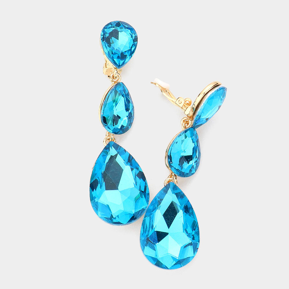 Aqua Crystal Triple Teardrop Clip-on Pageant Earrings | 545366