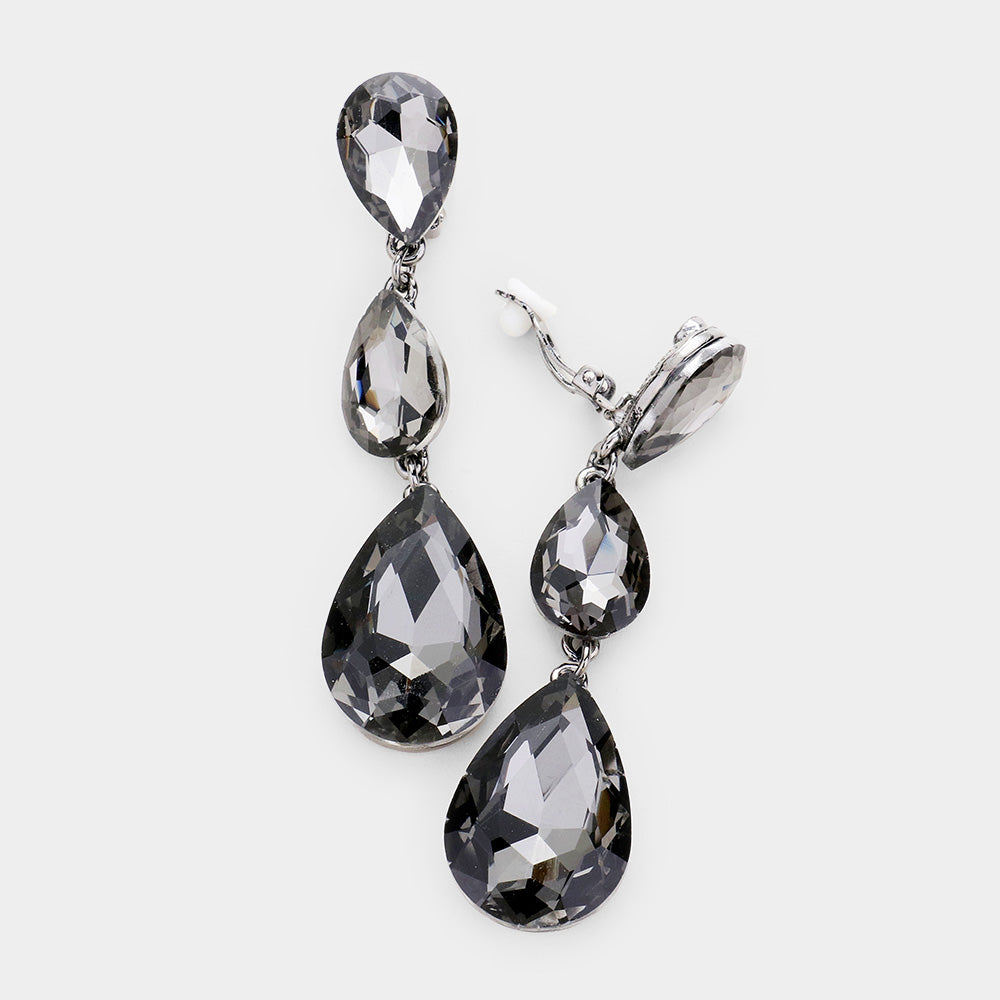 Black Diamond Crystal Triple Teardrop Clip-on Pageant Earrings | 439145