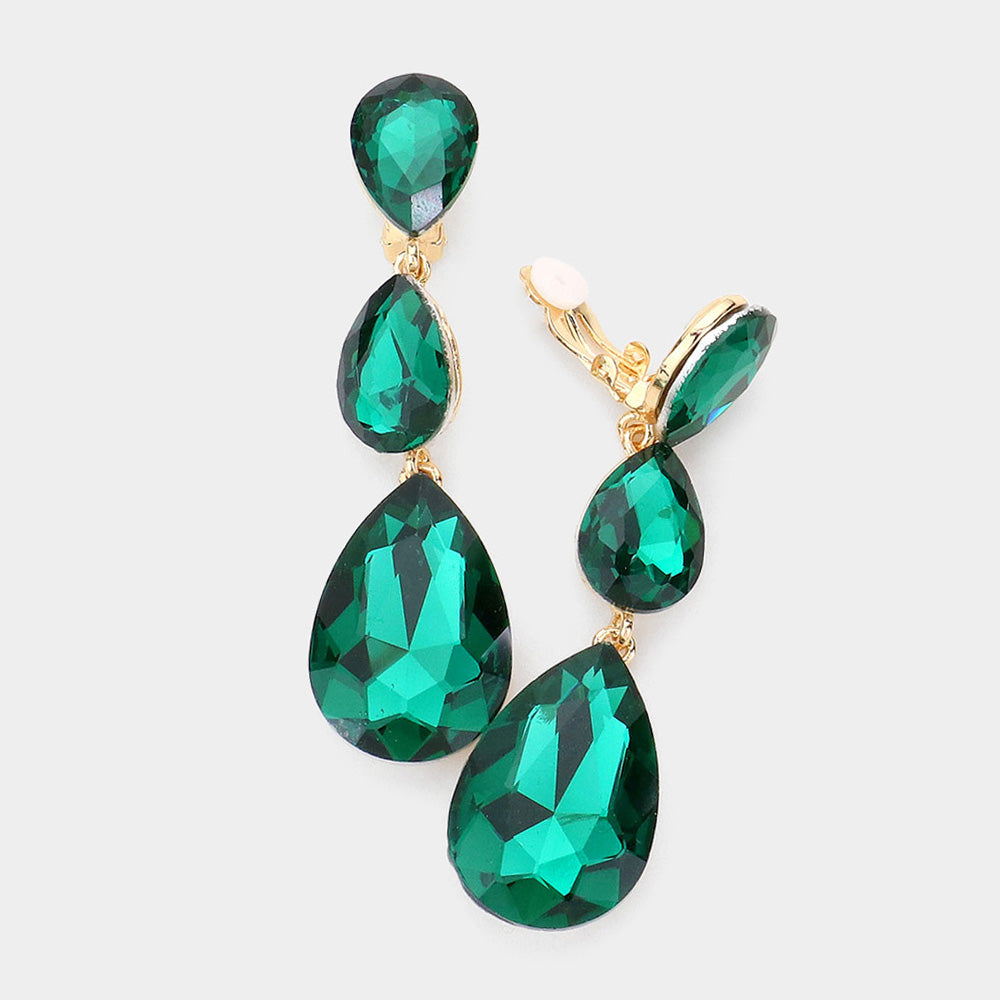 Emerald Crystal Triple Teardrop Clip-on Pageant Earrings | 545361