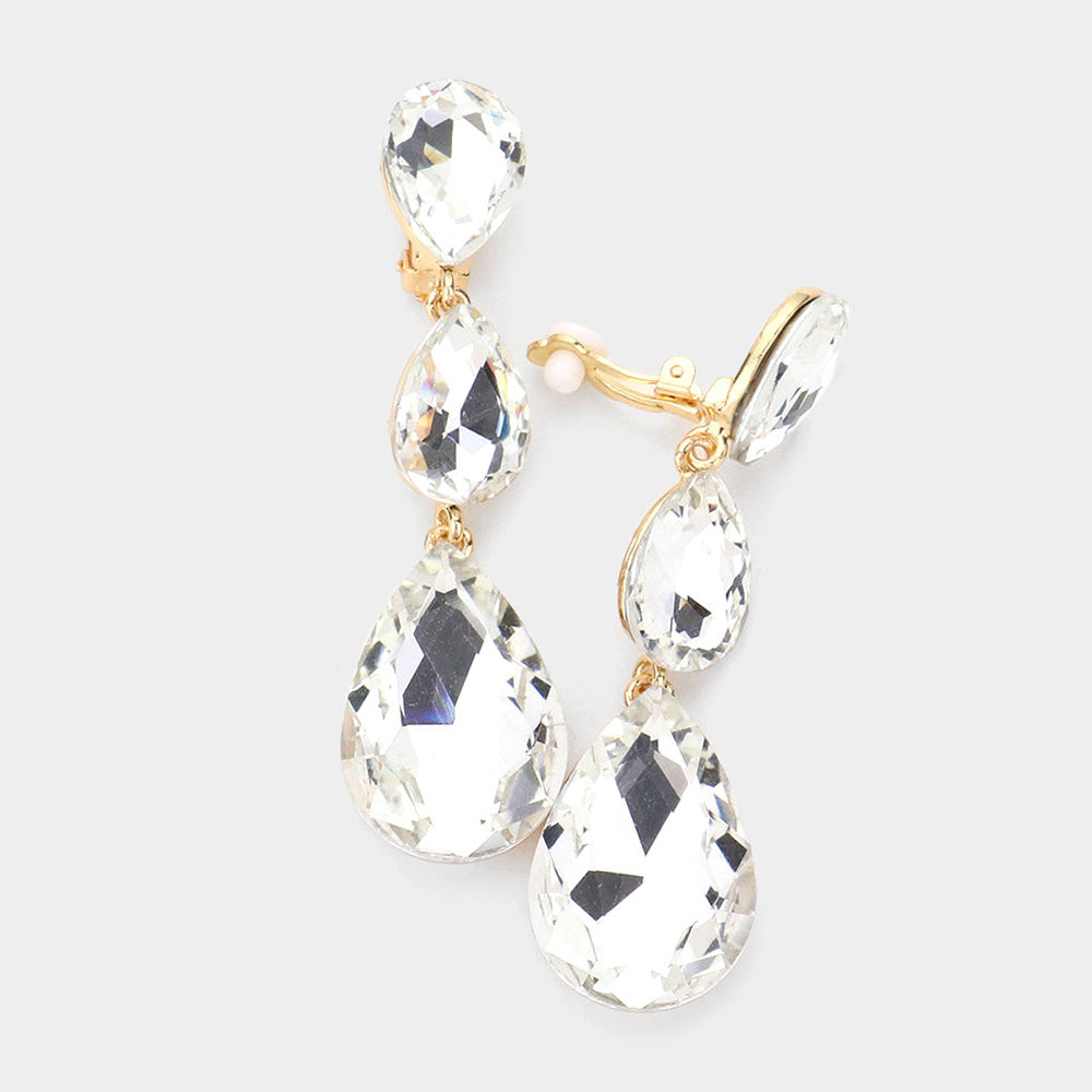 Clear Crystal Triple Teardrop Clip-on Pageant Earrings on Gold | 545357