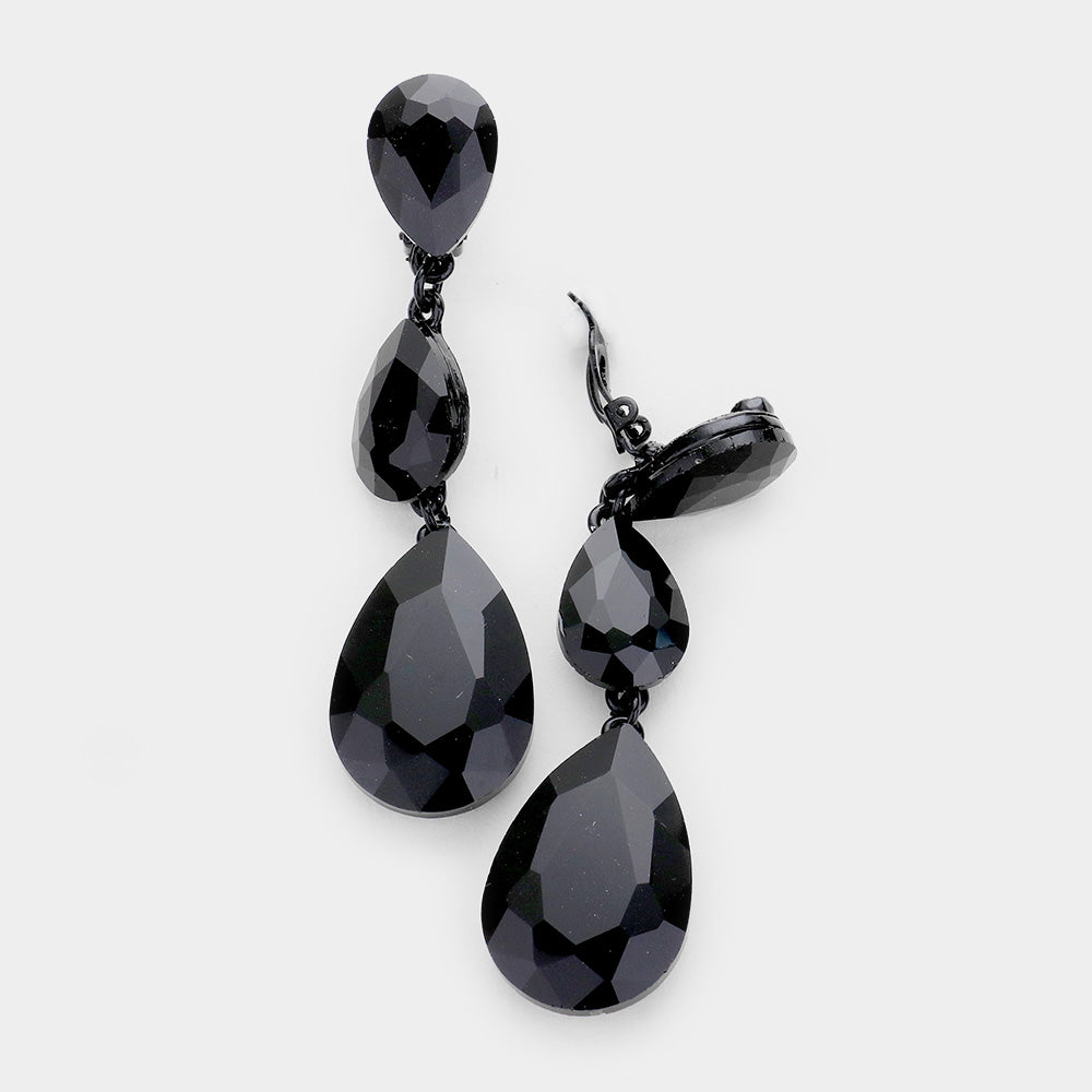 Black Crystal Triple Teardrop Clip-on Pageant Earrings | 439146