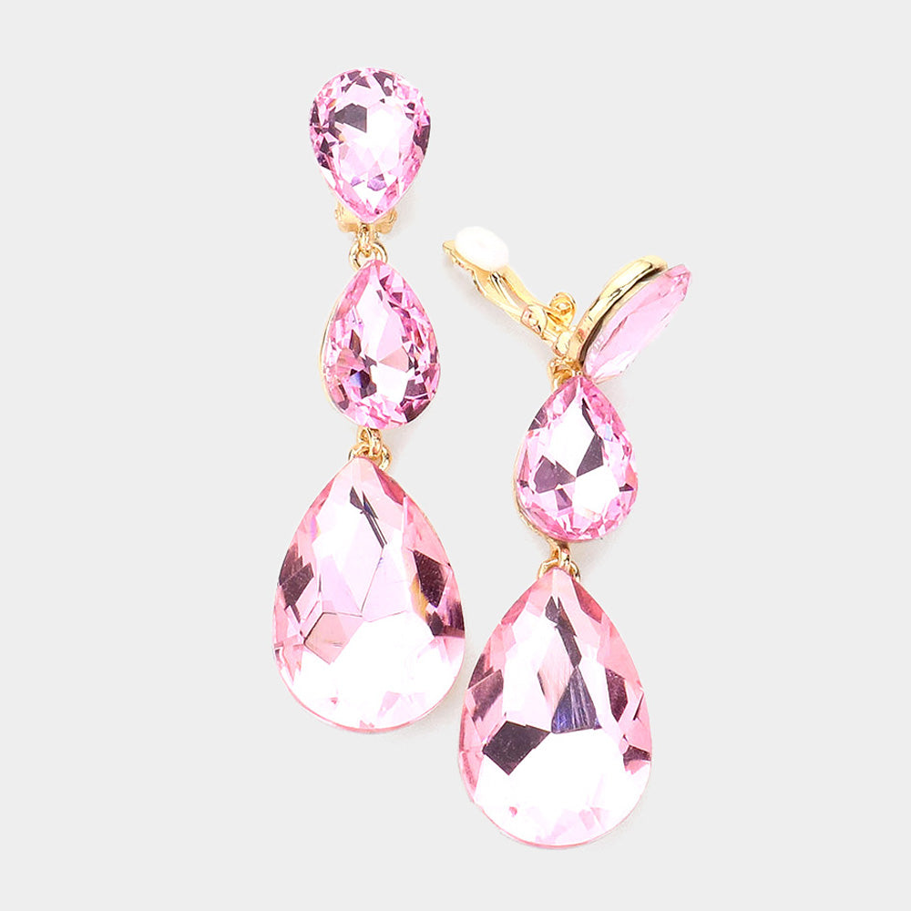 Pink Crystal Triple Teardrop Clip-on Pageant Earrings | 545364