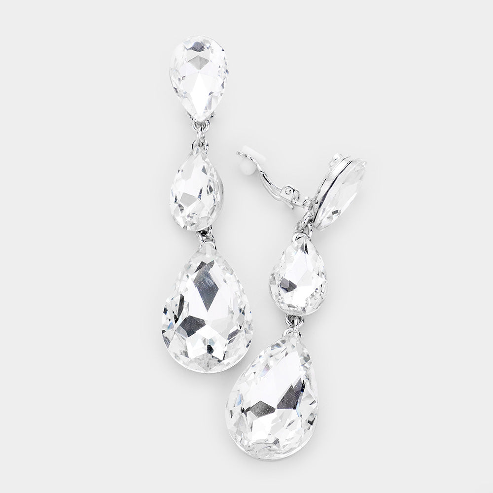 Clear Crystal Triple Teardrop Clip-on Pageant Earrings on Silver | 439142