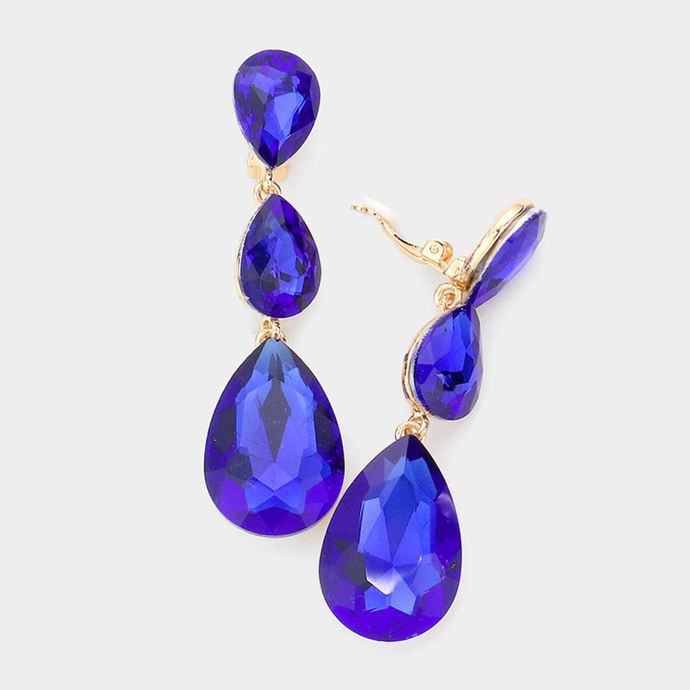 Sapphire Crystal Triple Teardrop Clip-on Pageant Earrings | 545358