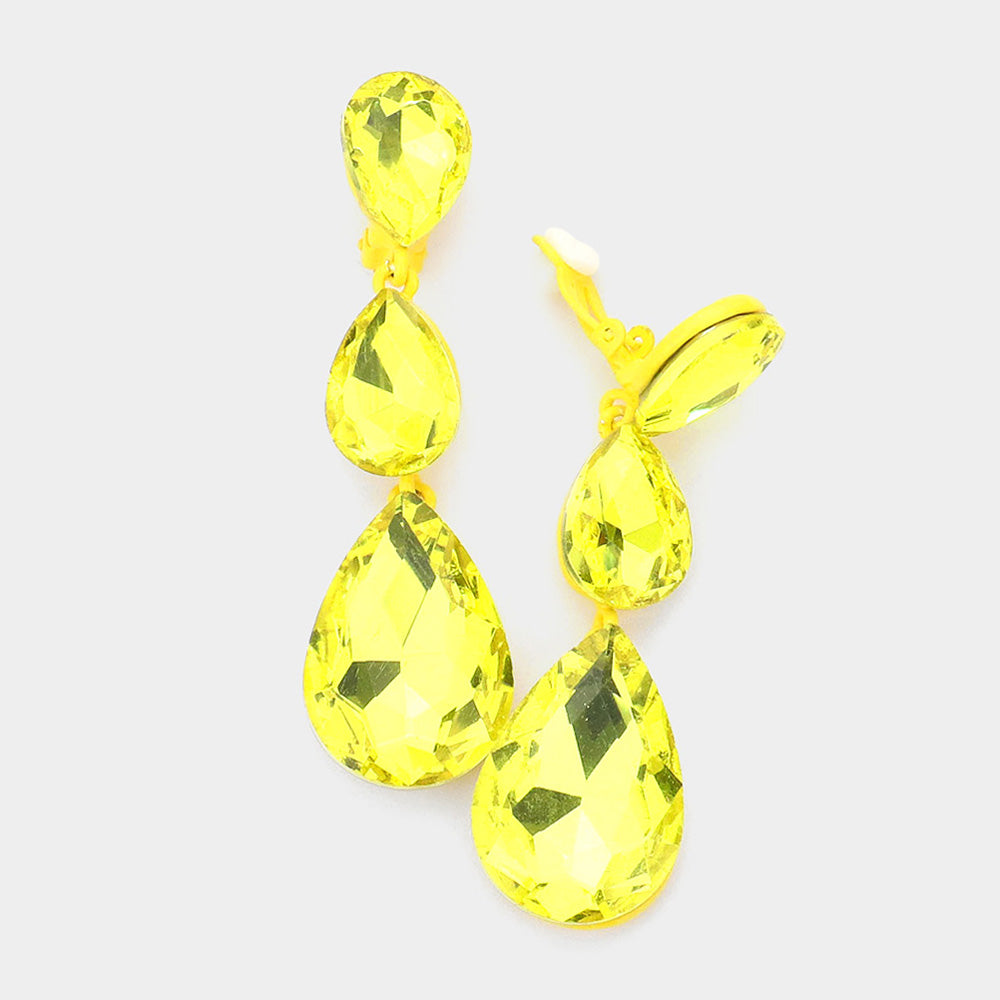 Yellow Crystal Triple Teardrop Clip-on Pageant Earrings | 545363