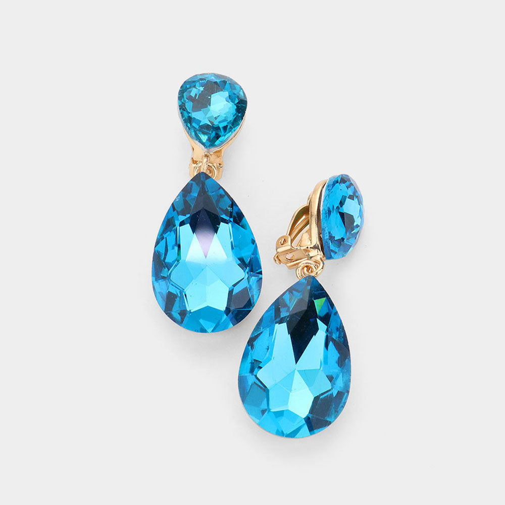 Aqua Crystal Double Teardrop Clip on Dangle Earrings | Pageant Earrings | 535186