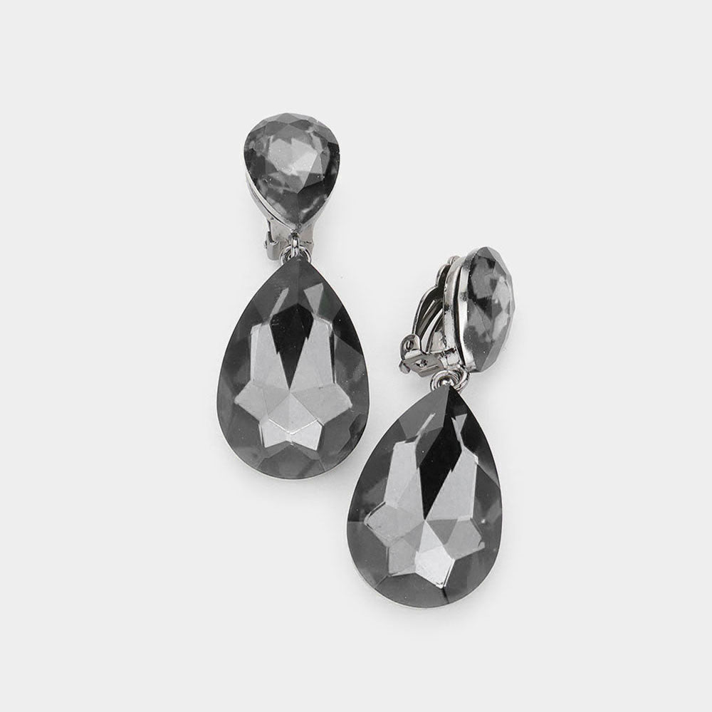 Black Diamond Crystal Double Teardrop Clip on Dangle Earrings | Pageant Earrings | 535169