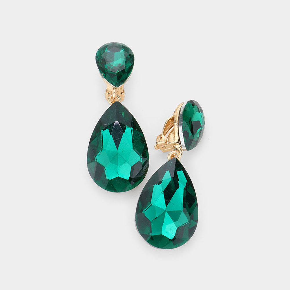 Emerald Crystal Double Teardrop Clip on Dangle Earrings | Pageant Earrings | 535187