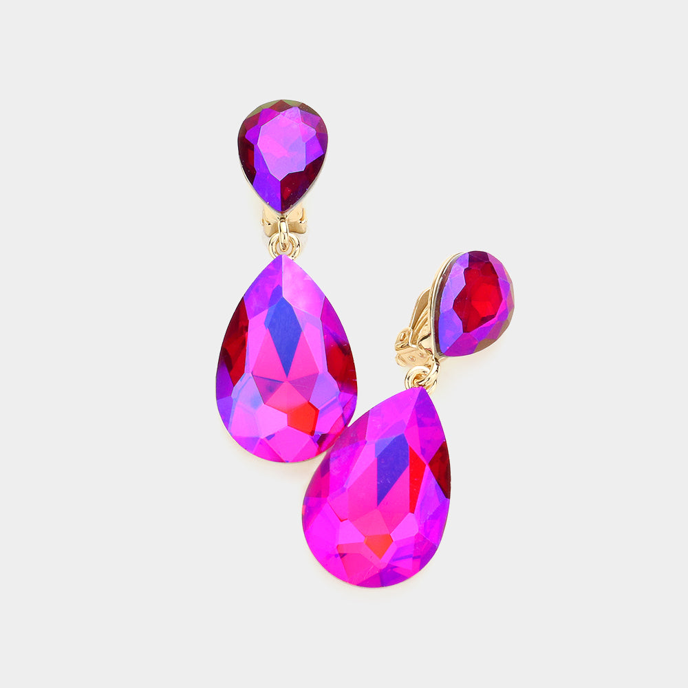 Fuchsia AB Crystal Double Teardrop Clip on Dangle Earrings | Pageant Earrings | 602176