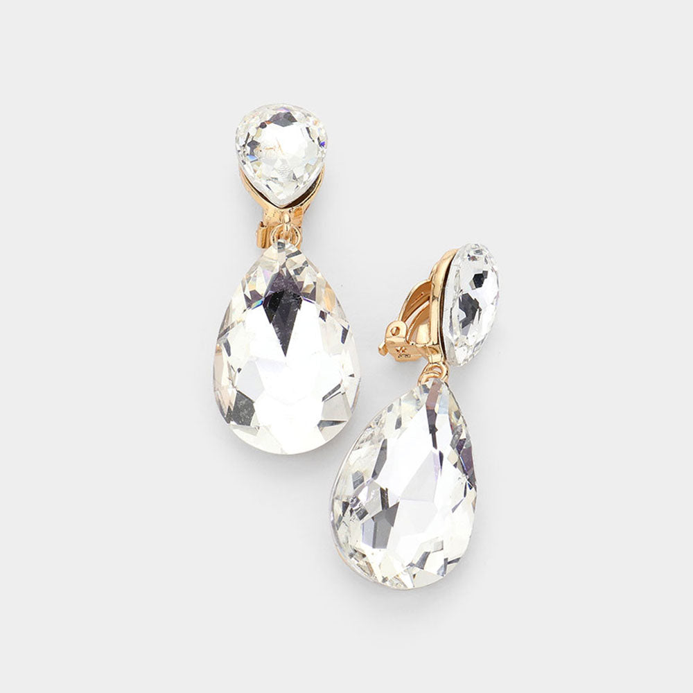 Clear Crystal Double Teardrop Clip on Dangle Earrings on Gold | Pageant Earrings | 535182