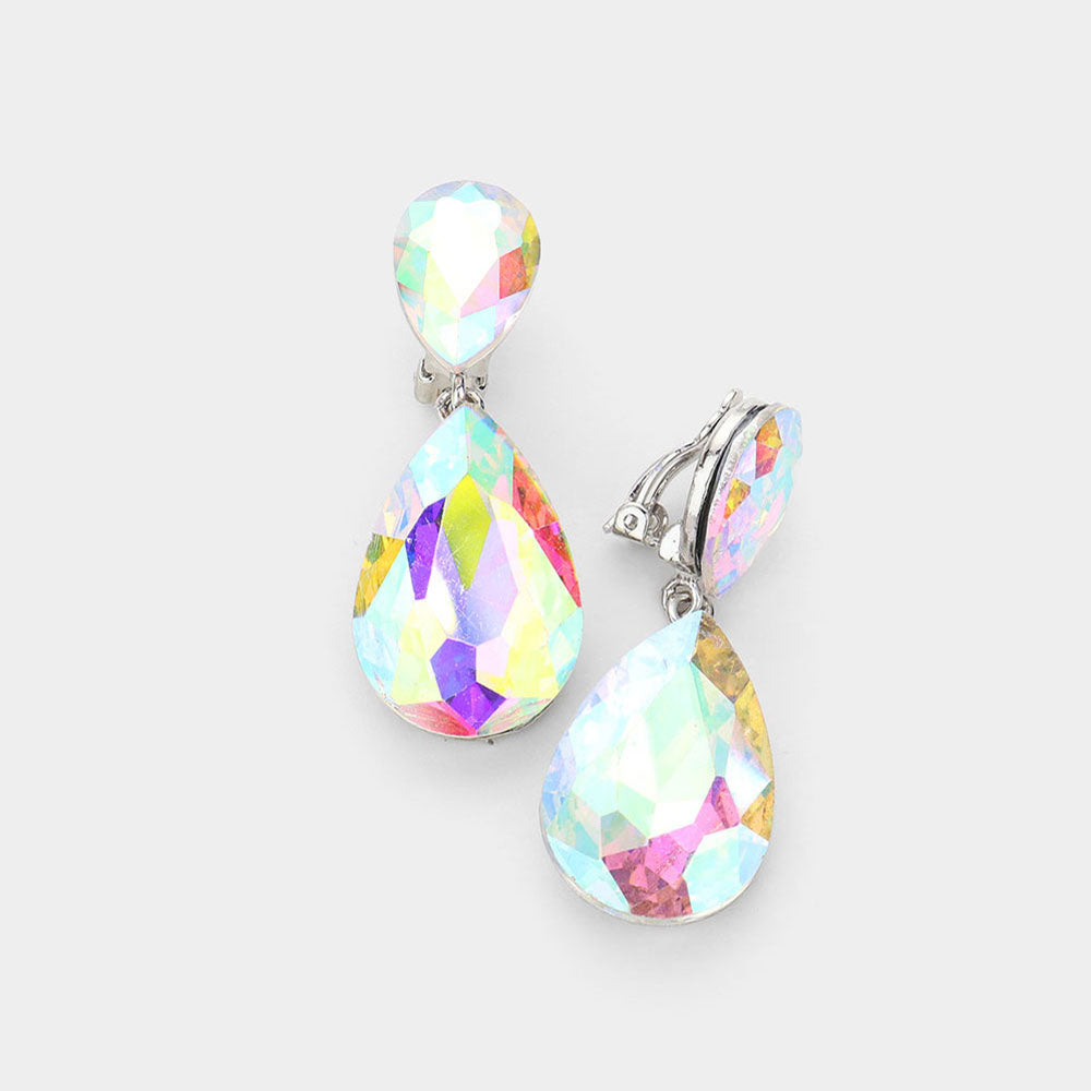 AB Crystal Double Teardrop Clip on Dangle Earrings | Pageant Earrings | 535185