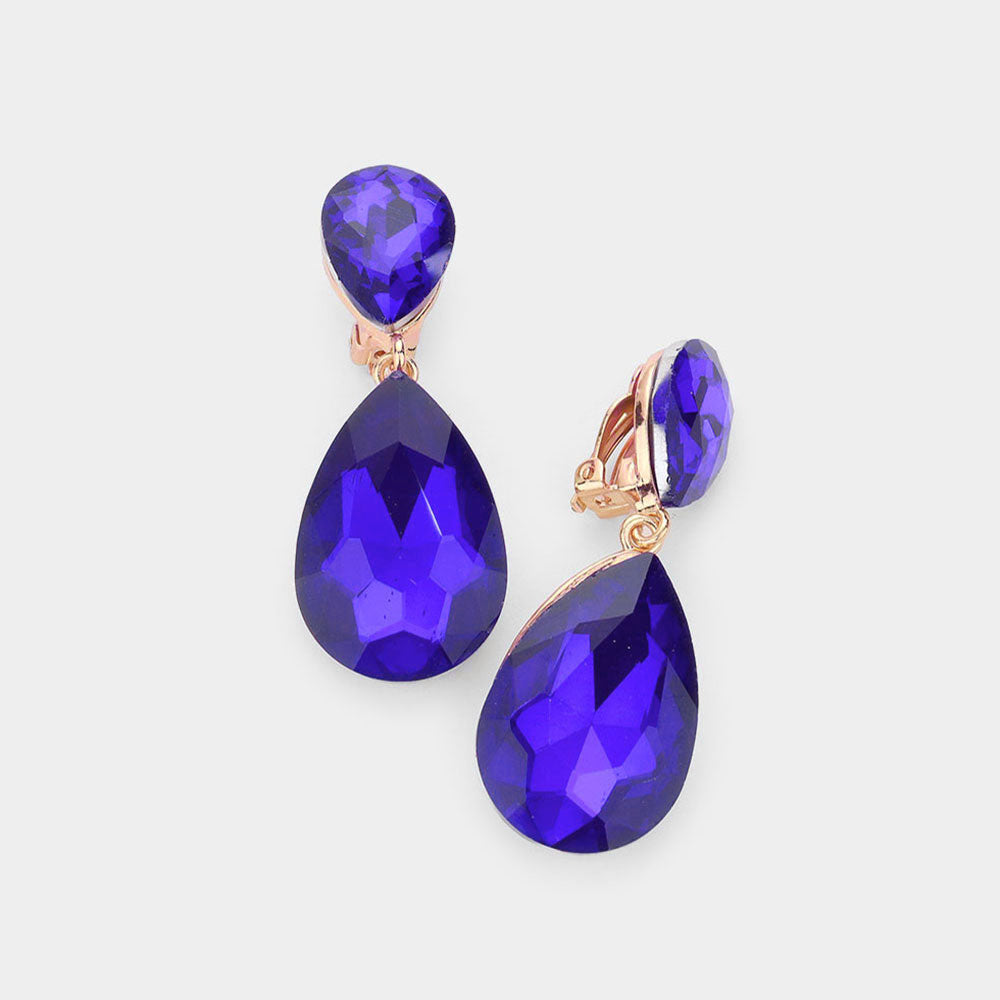 Sapphire Crystal Double Teardrop Clip on Dangle Earrings | Pageant Earrings | 535174