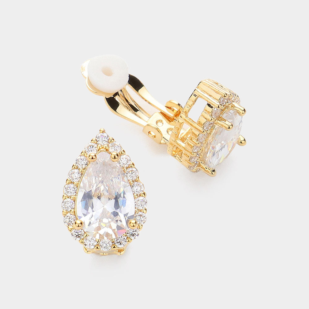 CZ Teardrop Clip On Stud Earrings on Gold | Interview Earrings | 634323