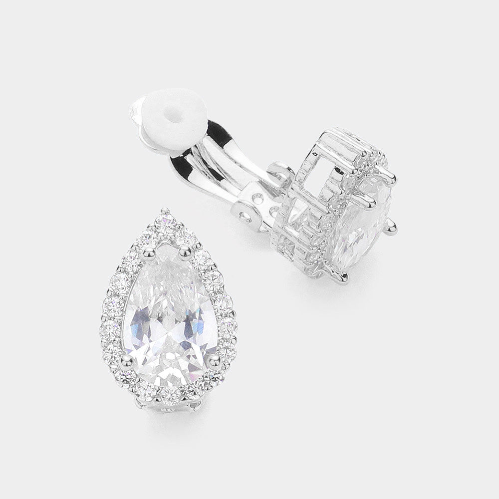 CZ Teardrop Clip On Stud Earrings | Interview Earrings | 634324