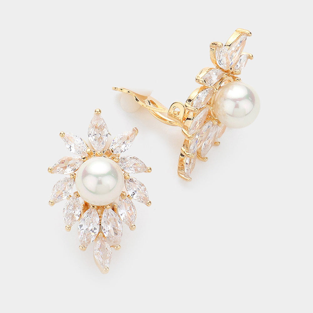 CZ Marquise Stone with Cream Pearl Center Clip On Bridal Earrings on Gold | Clip On Pearl Earrings | 627854