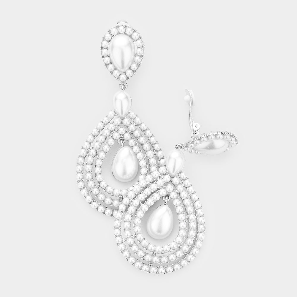 Large Pearl Trimmed Pearl Teardrop Clip On Earrings | 442929