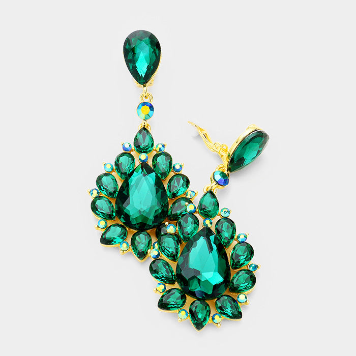 Emerald Teardrop Cluster Dangle Clip On Earrings | 391729