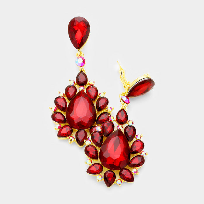 Red Teardrop Cluster Dangle Clip On Earrings | 391727