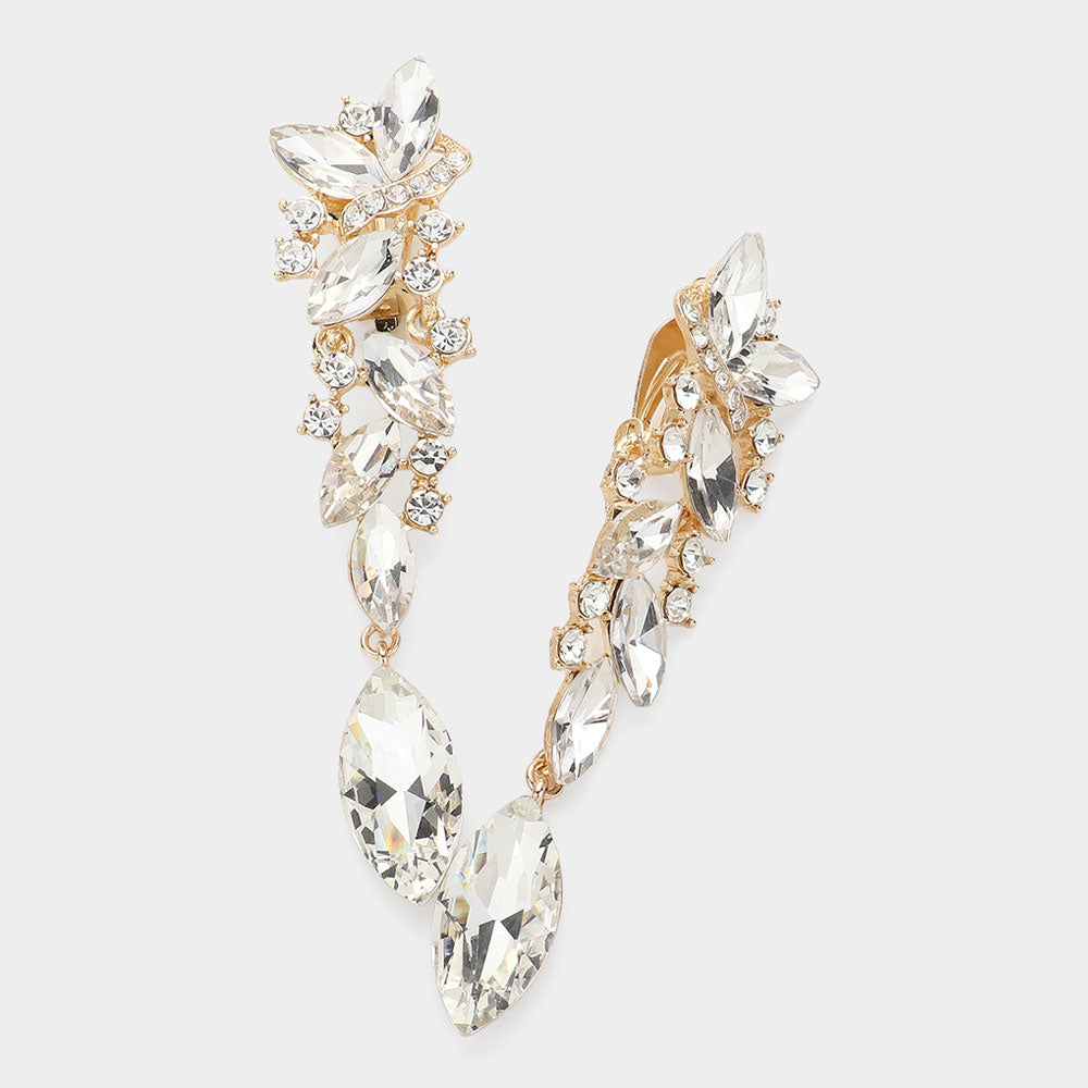 Clear Marquise Crystal Drop Pageant Clip on Earrings on Gold | 463242