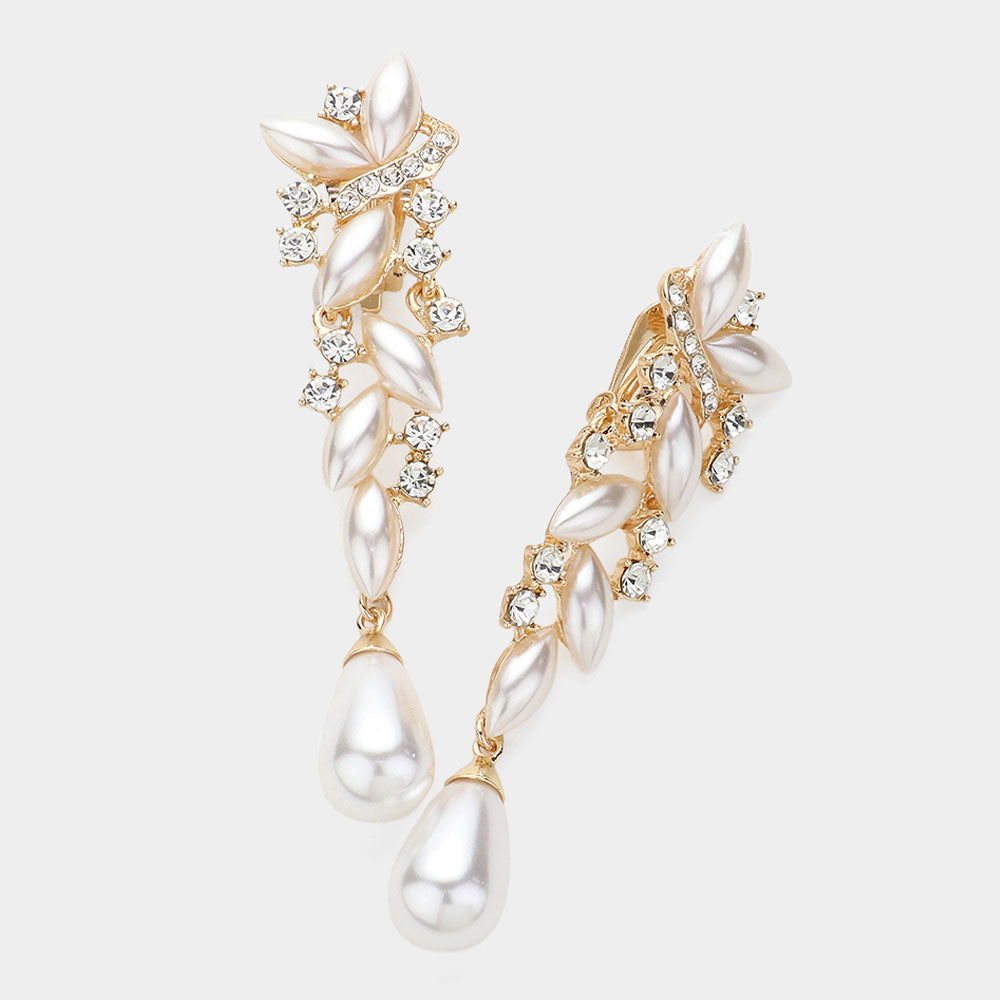 Cream Pearl and Marquise Drop Pageant Clip on Earrings on Gold | 463243