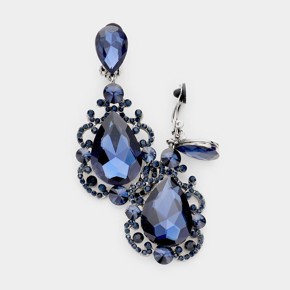 Elegant Navy Crystal Teardrop Dangle Clip On Earrings | 462666