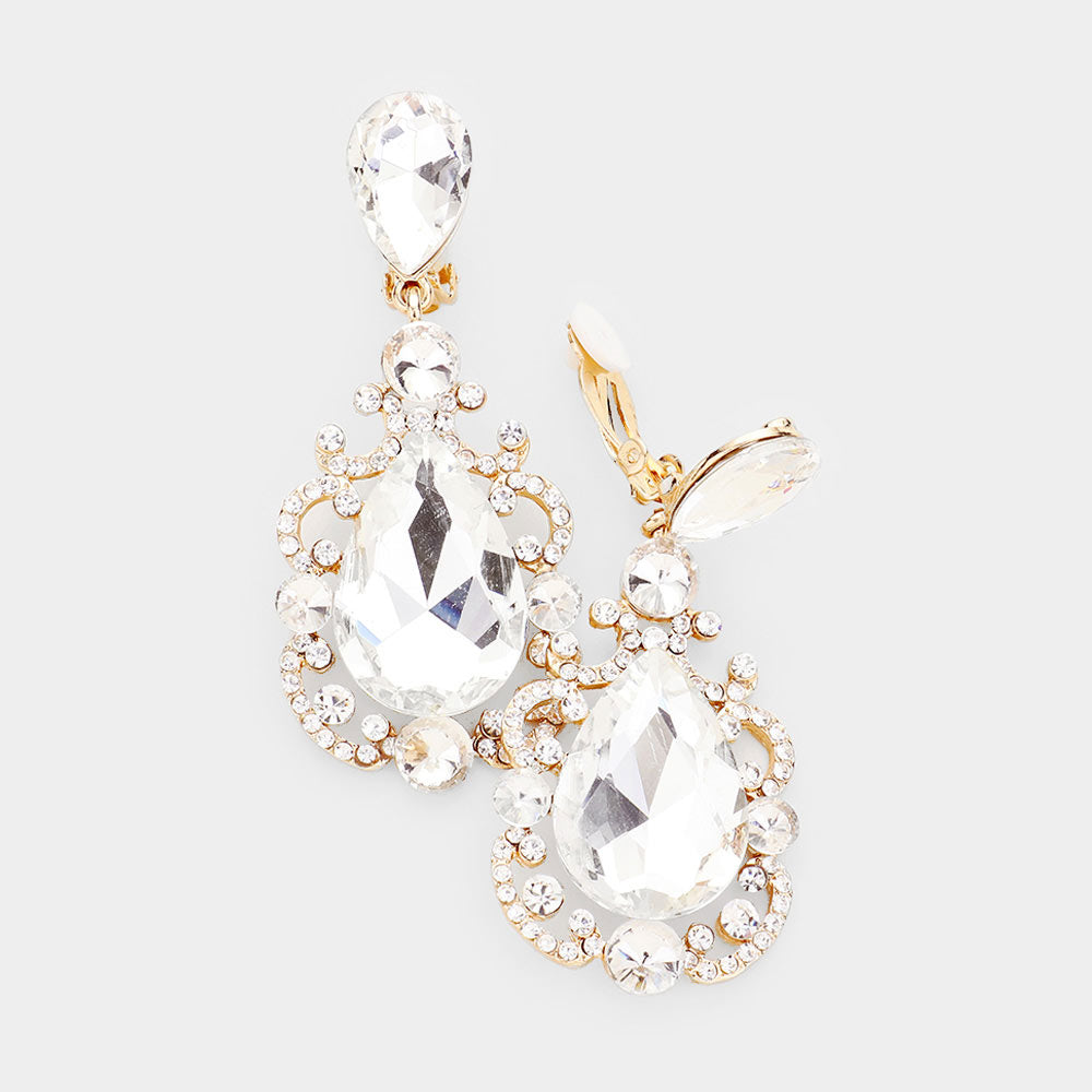 Elegant Clear Crystal Teardrop Dangle Clip On Earrings on Gold | 462667