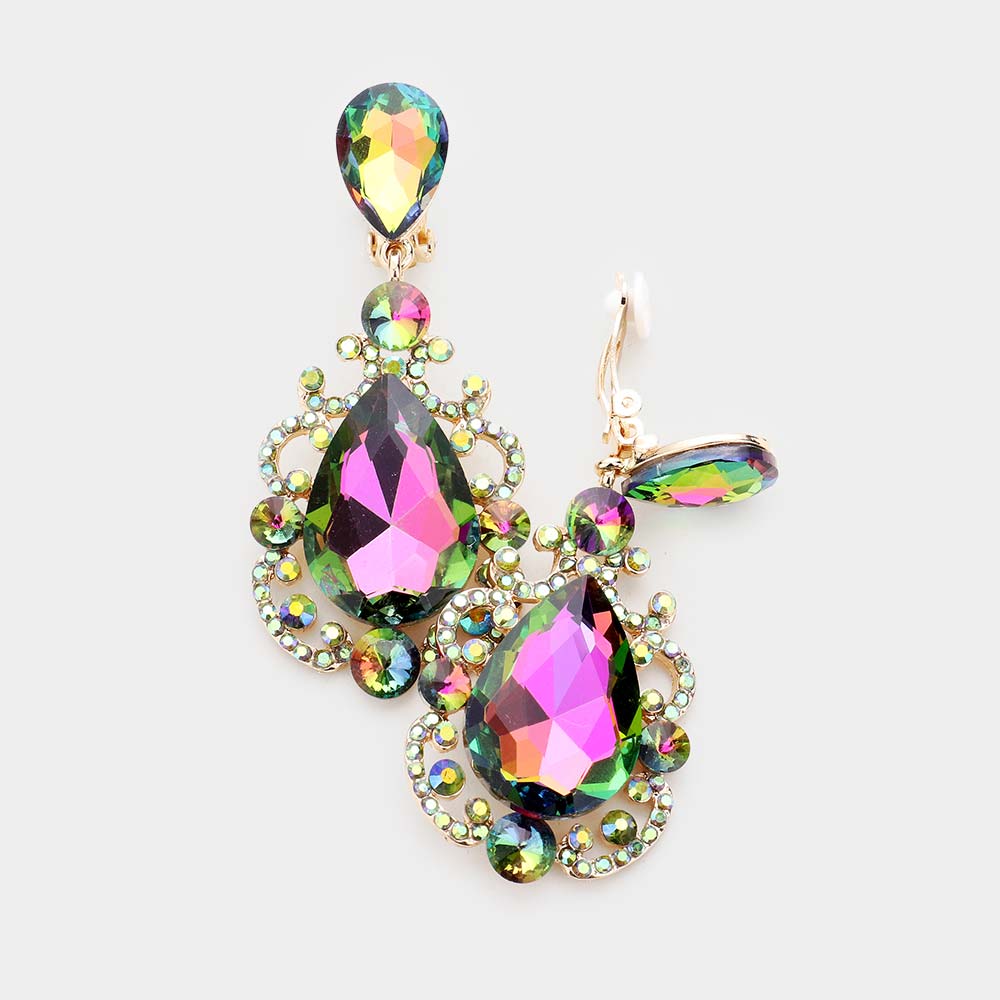 Elegant Multi-Color Crystal Teardrop Dangle Clip On Earrings | 479307