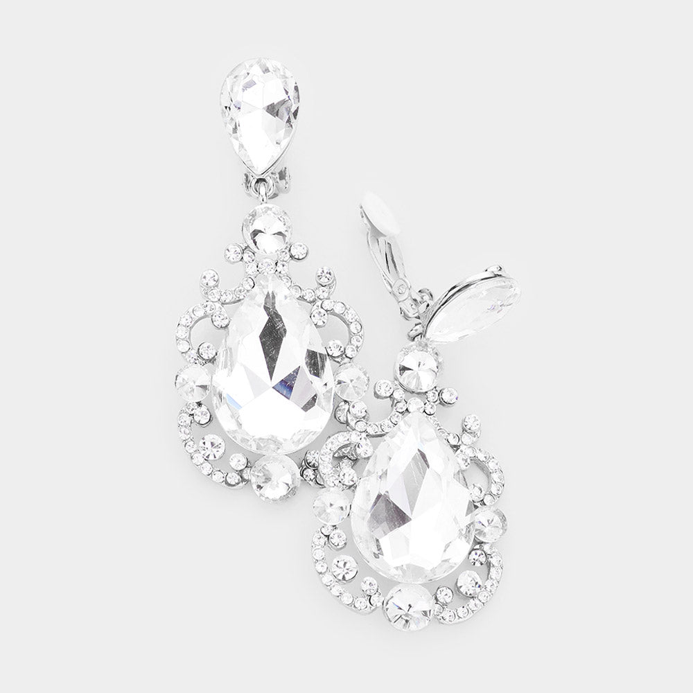 Elegant Clear Crystal Teardrop Dangle Clip On Earrings on Silver | 462672