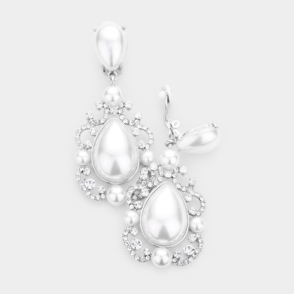 Elegant White Crystal Teardrop Dangle Clip On Earrings | 462673