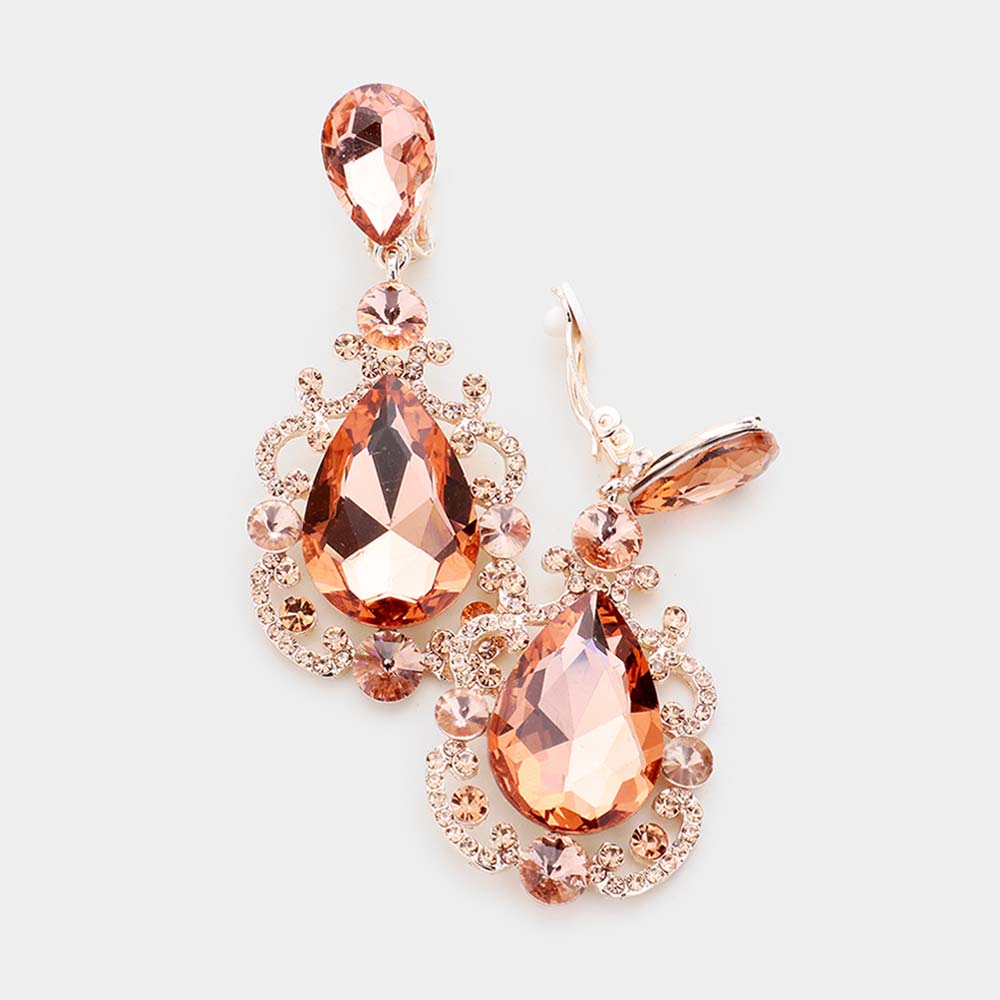 Elegant Peach Crystal Teardrop Dangle Clip On Earrings | 479308