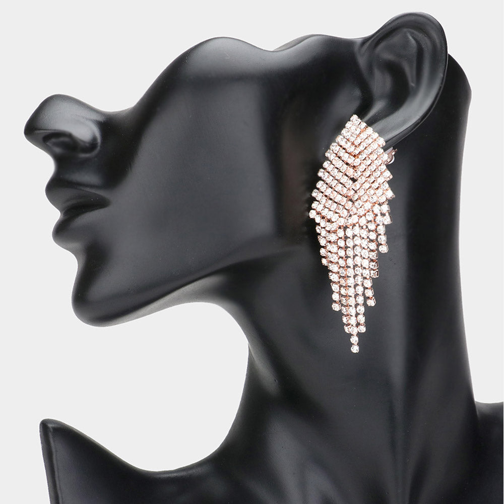 Clear Pave Crystal Rhinestone Fringe Clip On Prom Earrings on Rose Gold| Clip On Pageant Earrings | 369965