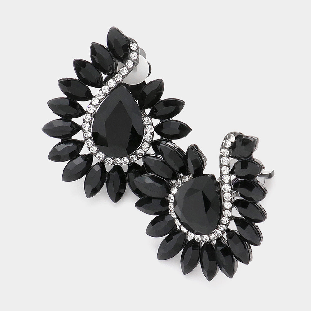 Black Marquise Stone and Clear Rhinestone Clip On Earrings | 634312