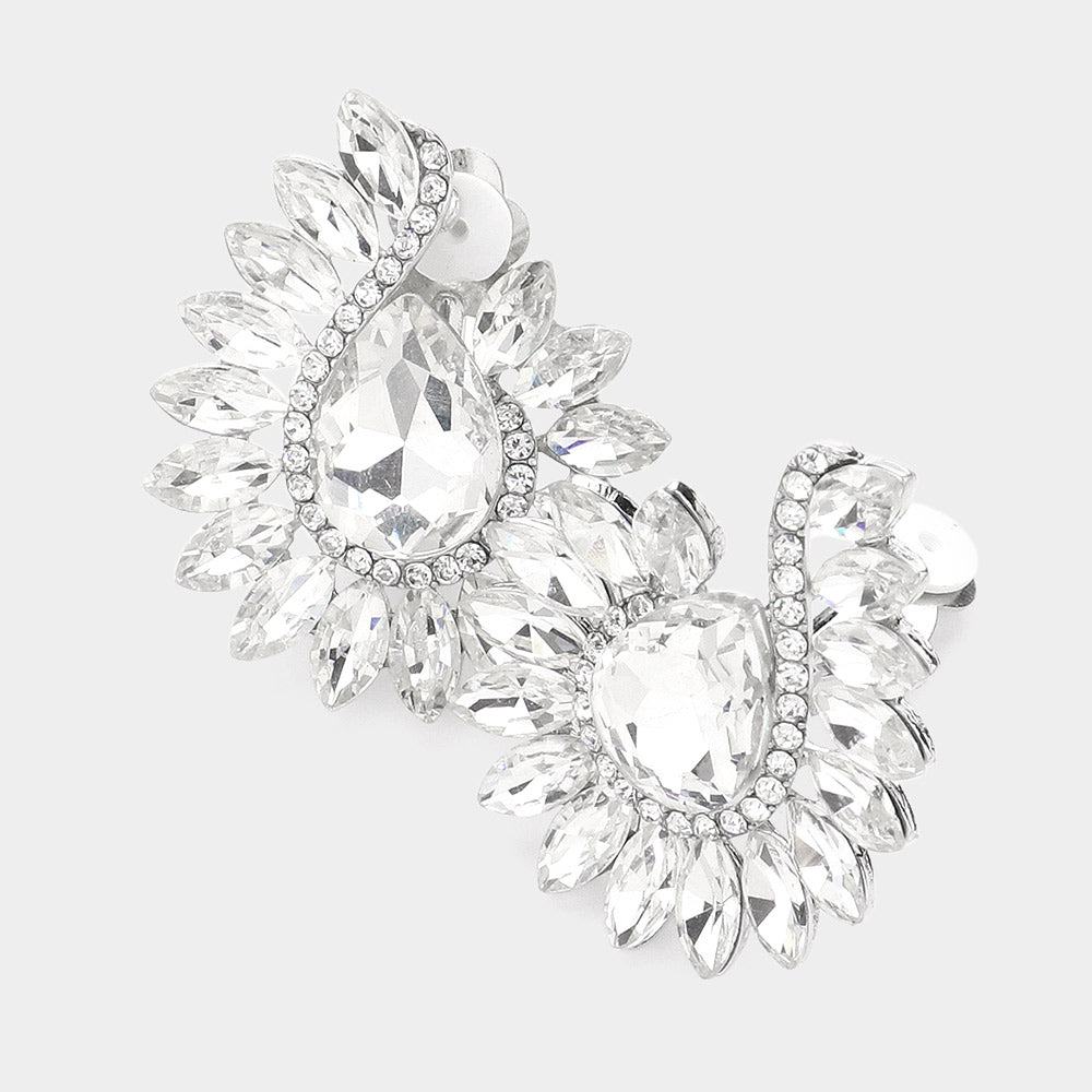 Clear Marquise and Round Stone on Silver Clip On Earrings | 634316