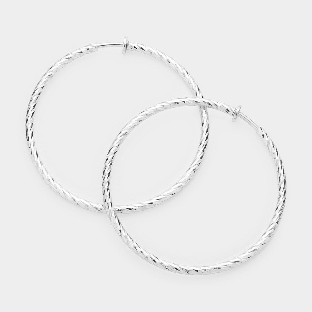 Textured Silver CLIP ON Hoop Earrings | 2.25″ | 142474