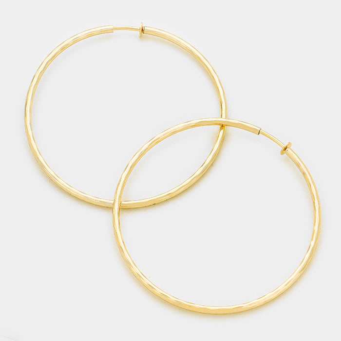 Large Clip On Gold Textured Hoop Earrings | 3.25″ | 142686