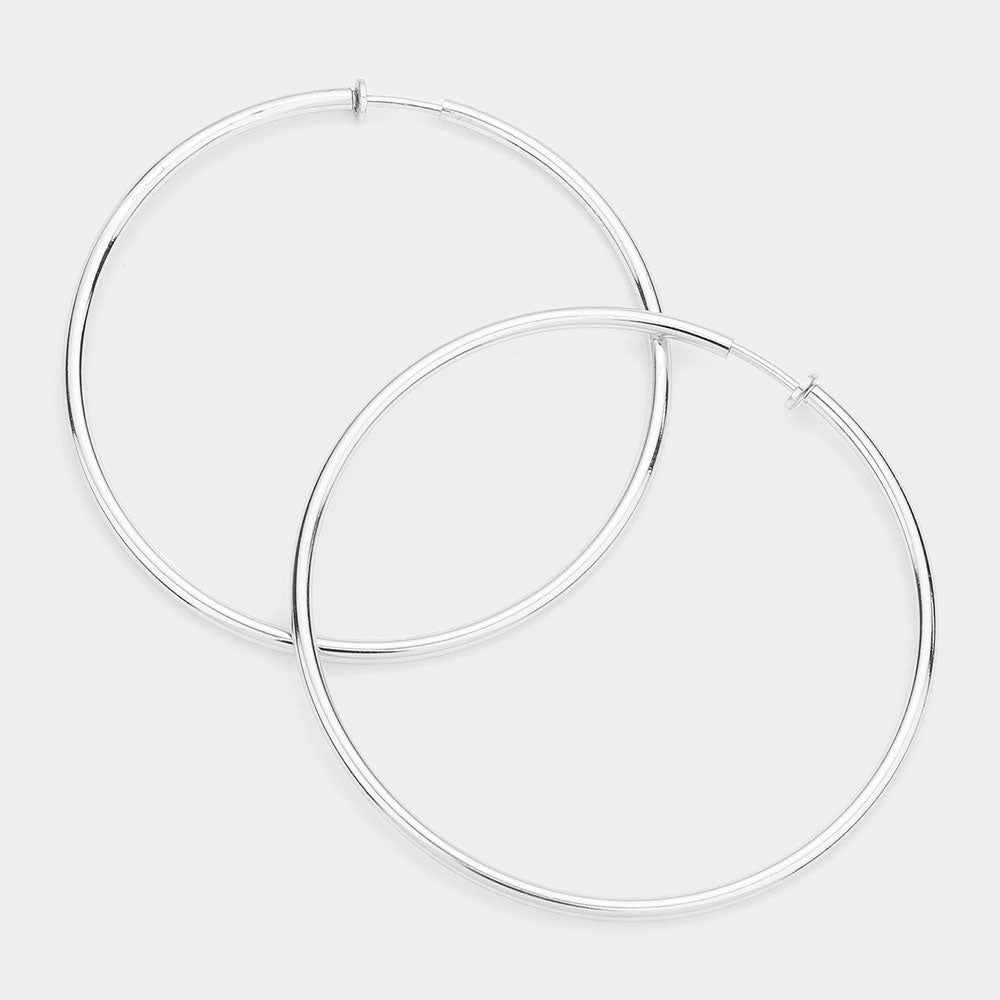 Extra Large Silver Metal Hoop Earrings | Clip On | 3.2″ | 142494