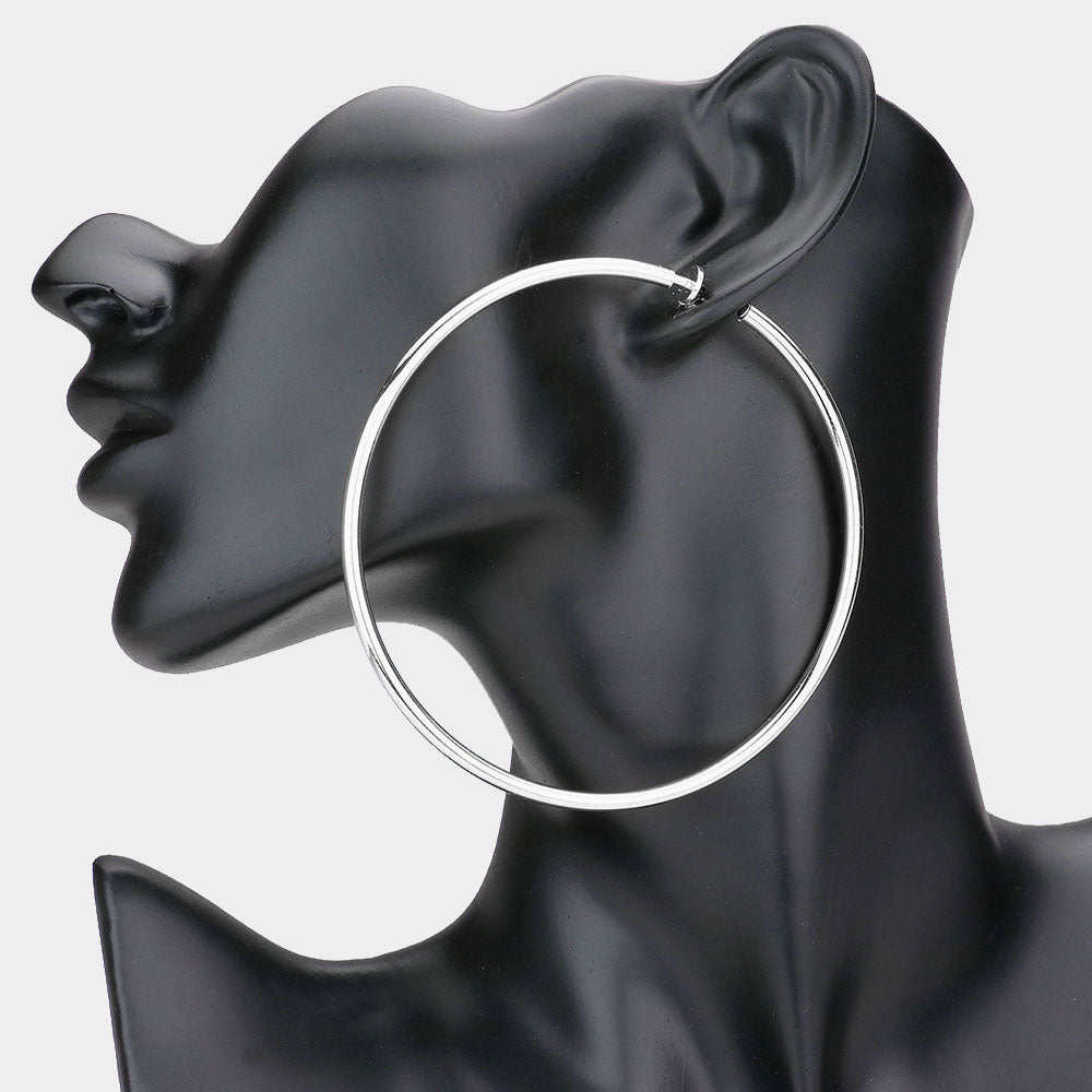 Extra Large Silver Metal Hoop Earrings | Clip On | 3.2″ | 142494